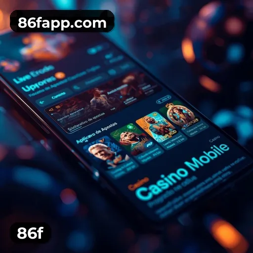 App 86f para iOS e Android — interface mobile, login biométrico e PIX integrado